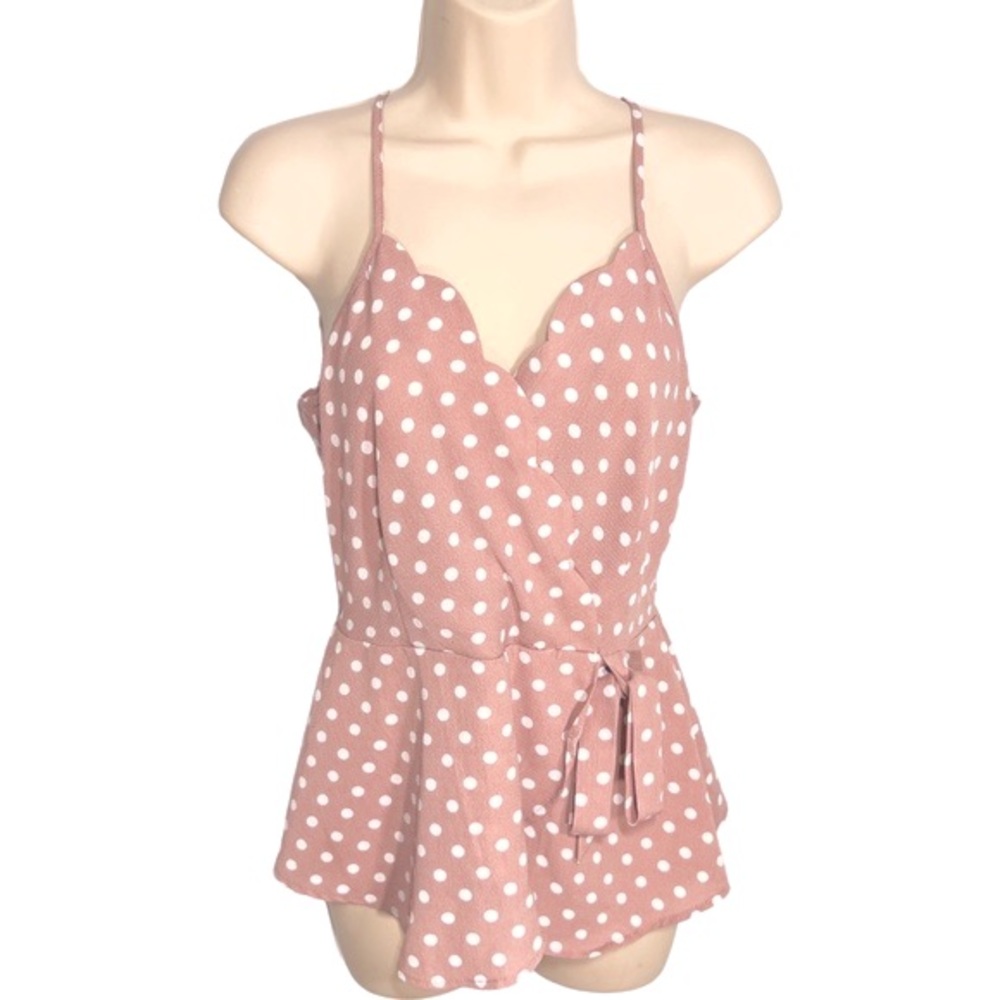 Monteau Los Angeles Blush Pink Polka Dot Deep V Scalloped Camisole Dressy Top M